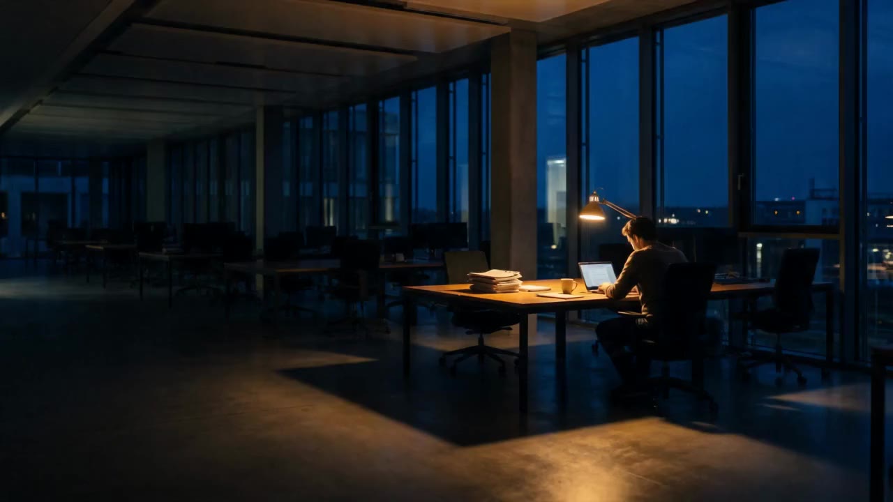 A single lamplit desk in a dark office building at night